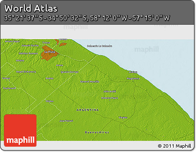 Physical 3D Map of the Area around 35° 6' 5" S, 57° 43' 30" W