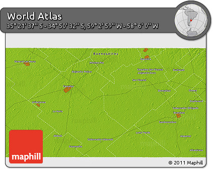 Physical 3D Map of the Area around 35° 6' 5" S, 58° 34' 30" W