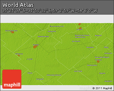 Physical 3D Map of the Area around 35° 6' 5" S, 58° 34' 30" W