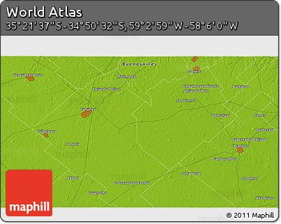 Physical 3D Map of the Area around 35° 6' 5" S, 58° 34' 30" W