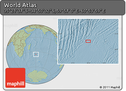 Savanna Style Location Map of the Area around 35° 6' 5" S, 60° 25' 29" E, hill shading