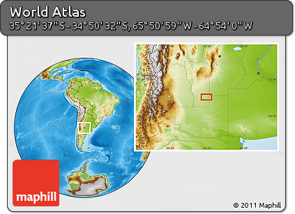Physical Location Map of the Area around 35° 6' 5" S, 65° 22' 30" W