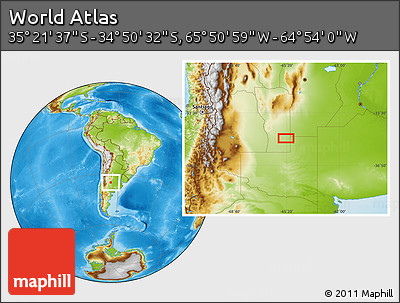 Physical Location Map of the Area around 35° 6' 5" S, 65° 22' 30" W