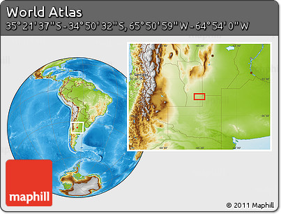 Physical Location Map of the Area around 35° 6' 5" S, 65° 22' 30" W