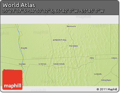 Physical 3D Map of the Area around 35° 6' 5" S, 66° 13' 29" W