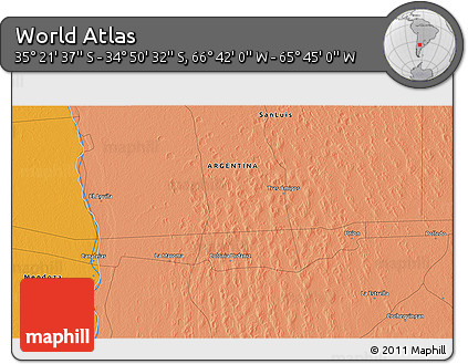 Political 3D Map of the Area around 35° 6' 5" S, 66° 13' 29" W