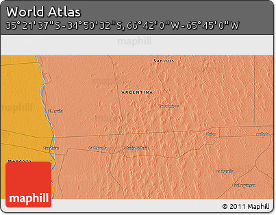 Political 3D Map of the Area around 35° 6' 5" S, 66° 13' 29" W
