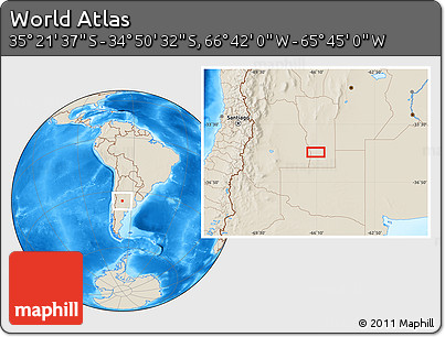 Shaded Relief Location Map of the Area around 35° 6' 5" S, 66° 13' 29" W