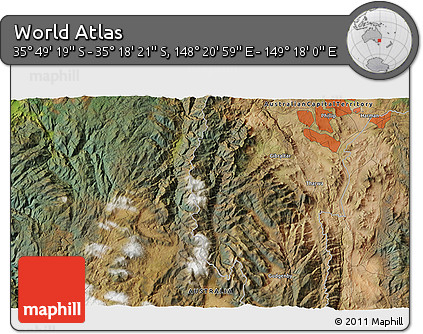 Satellite 3D Map of the Area around 35° 33' 50" S, 148° 49' 29" E