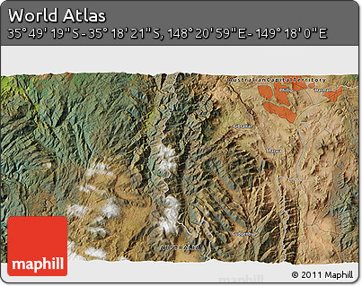 Satellite 3D Map of the Area around 35° 33' 50" S, 148° 49' 29" E