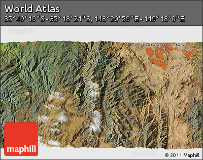 Satellite 3D Map of the Area around 35° 33' 50" S, 148° 49' 29" E