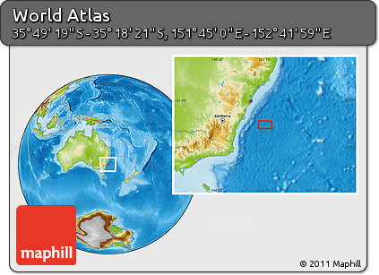 Physical Location Map of the Area around 35° 33' 50" S, 152° 13' 29" E