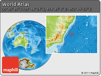 Physical Location Map of the Area around 35° 33' 50" S, 152° 13' 29" E