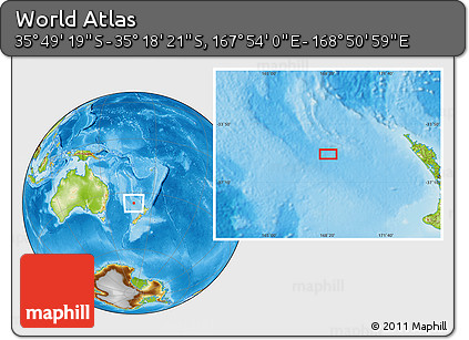Physical Location Map of the Area around 35° 33' 50" S, 168° 22' 30" E