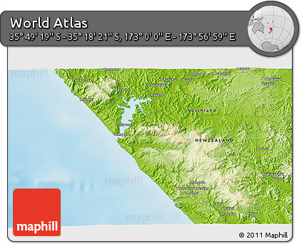 Physical 3D Map of the Area around 35° 33' 50" S, 173° 28' 29" E
