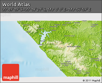 Physical 3D Map of the Area around 35° 33' 50" S, 173° 28' 29" E