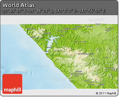 Physical 3D Map of the Area around 35° 33' 50" S, 173° 28' 29" E