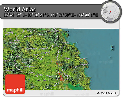 Satellite 3D Map of the Area around 35° 33' 50" S, 174° 19' 29" E