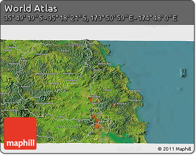 Satellite 3D Map of the Area around 35° 33' 50" S, 174° 19' 29" E