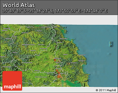 Satellite 3D Map of the Area around 35° 33' 50" S, 174° 19' 29" E