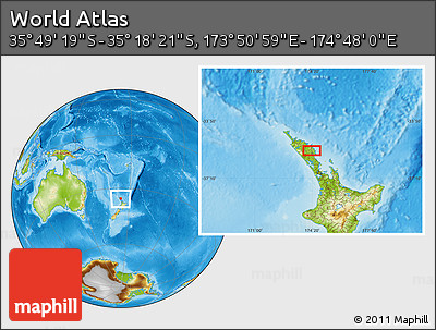 Physical Location Map of the Area around 35° 33' 50" S, 174° 19' 29" E