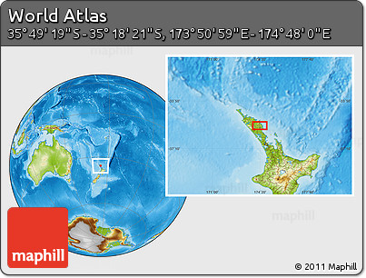 Physical Location Map of the Area around 35° 33' 50" S, 174° 19' 29" E