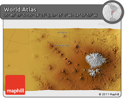 Physical 3D Map of the Area around 35° 33' 50" S, 68° 46' 30" W