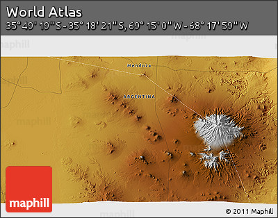 Physical 3D Map of the Area around 35° 33' 50" S, 68° 46' 30" W