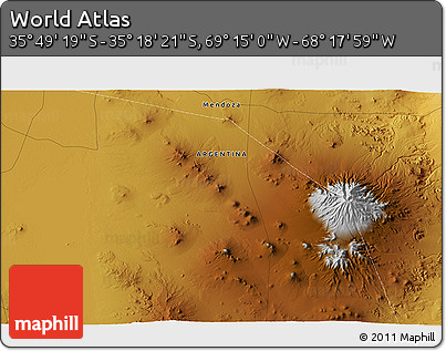 Physical 3D Map of the Area around 35° 33' 50" S, 68° 46' 30" W