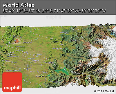 Satellite 3D Map of the Area around 35° 33' 50" S, 71° 19' 29" W