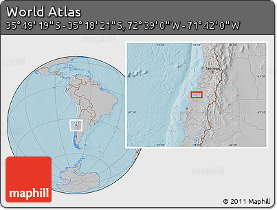 Gray Location Map of the Area around 35° 33' 50" S, 72° 10' 30" W, hill shading