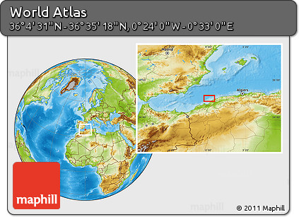 Physical Location Map of the Area around 36° 19' 55" N, 0° 4' 30" E