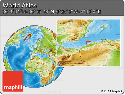Physical Location Map of the Area around 36° 19' 55" N, 0° 4' 30" E