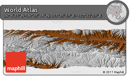 Physical Panoramic Map of the Area around 36° 19' 55" N, 102° 4' 29" E