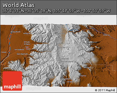 Physical 3D Map of the Area around 36° 19' 55" N, 105° 19' 29" W