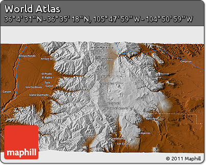 Physical 3D Map of the Area around 36° 19' 55" N, 105° 19' 29" W