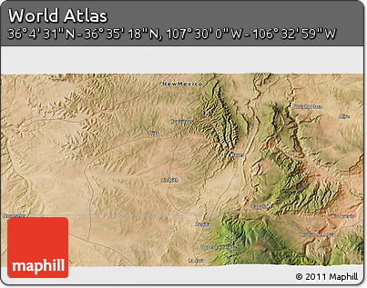 Satellite 3D Map of the Area around 36° 19' 55" N, 107° 1' 30" W