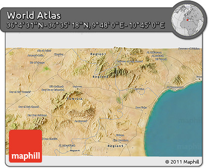 Satellite 3D Map of the Area around 36° 19' 55" N, 10° 16' 30" E