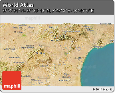 Satellite 3D Map of the Area around 36° 19' 55" N, 10° 16' 30" E