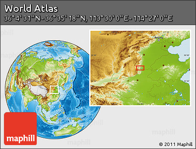 Physical Location Map of the Area around 36° 19' 55" N, 113° 58' 29" E