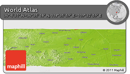 Physical Panoramic Map of the Area around 36° 19' 55" N, 119° 4' 29" E