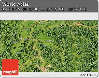 Satellite 3D Map of the Area around 36° 19' 55" N, 128° 25' 30" E