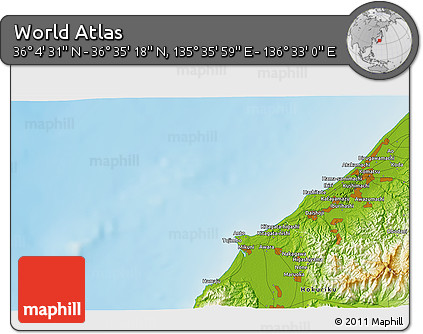 Physical 3D Map of the Area around 36° 19' 55" N, 136° 4' 29" E