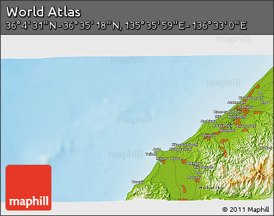 Physical 3D Map of the Area around 36° 19' 55" N, 136° 4' 29" E