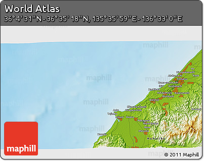 Physical 3D Map of the Area around 36° 19' 55" N, 136° 4' 29" E