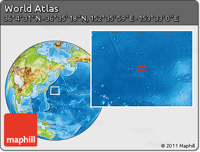 Physical Location Map of the Area around 36° 19' 55" N, 153° 4' 29" E