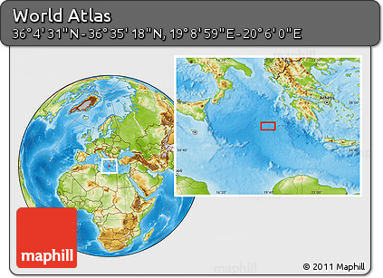 Physical Location Map of the Area around 36° 19' 55" N, 19° 37' 30" E