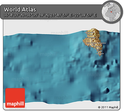 Satellite 3D Map of the Area around 36° 19' 55" N, 22° 10' 29" E