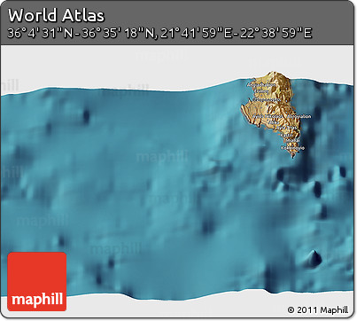 Satellite 3D Map of the Area around 36° 19' 55" N, 22° 10' 29" E