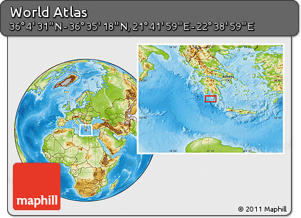 Physical Location Map of the Area around 36° 19' 55" N, 22° 10' 29" E